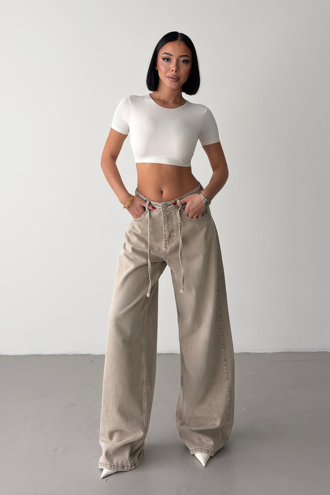 Routines Drawstring Detail Baggy Jeans - Stone 3940