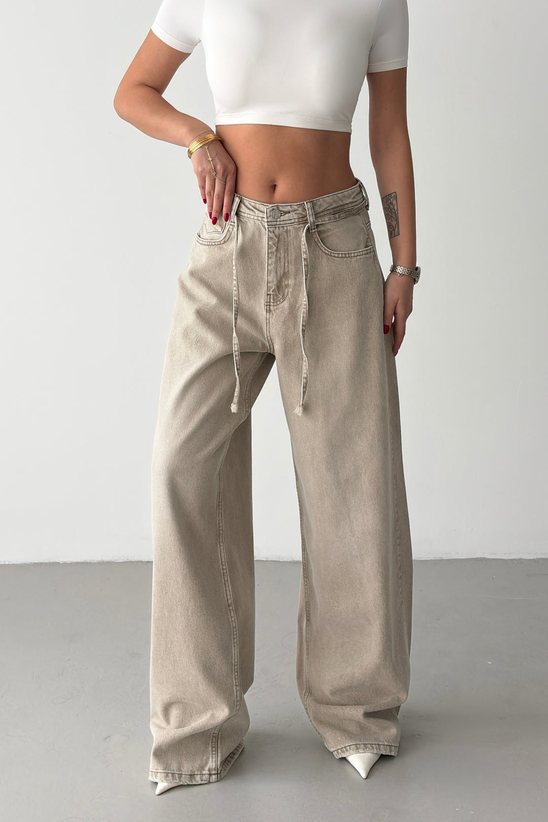 Routines Drawstring Detail Baggy Jeans - Stone 3940