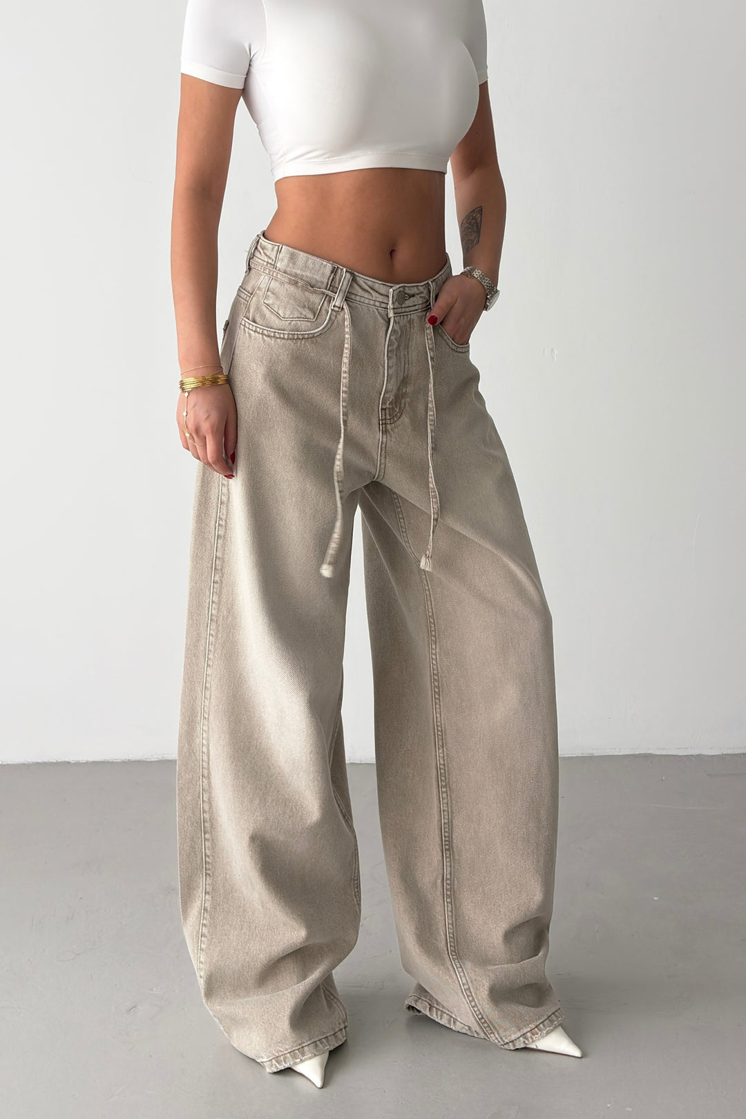 Routines Drawstring Detail Baggy Jeans - Stone 3940