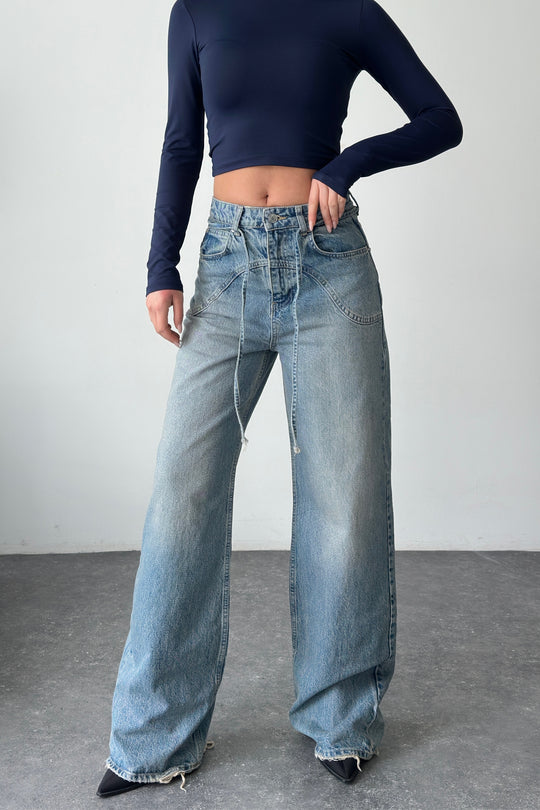 Routines Drawstring Detail Jeans - Mid Blue 3743 Jeans Routines Fashion