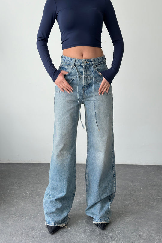 Routines Drawstring Detail Jeans - Mid Blue 3743 Jeans Routines Fashion