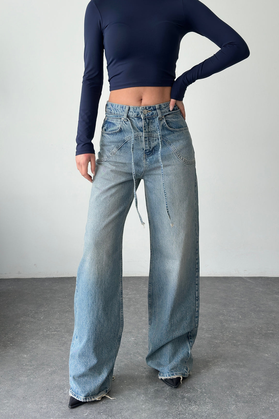 Routines Drawstring Detail Jeans - Mid Blue 3743 Jeans Routines Fashion