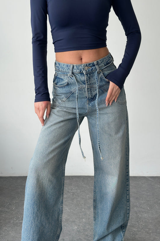 Routines Drawstring Detail Jeans - Mid Blue 3743 Jeans Routines Fashion