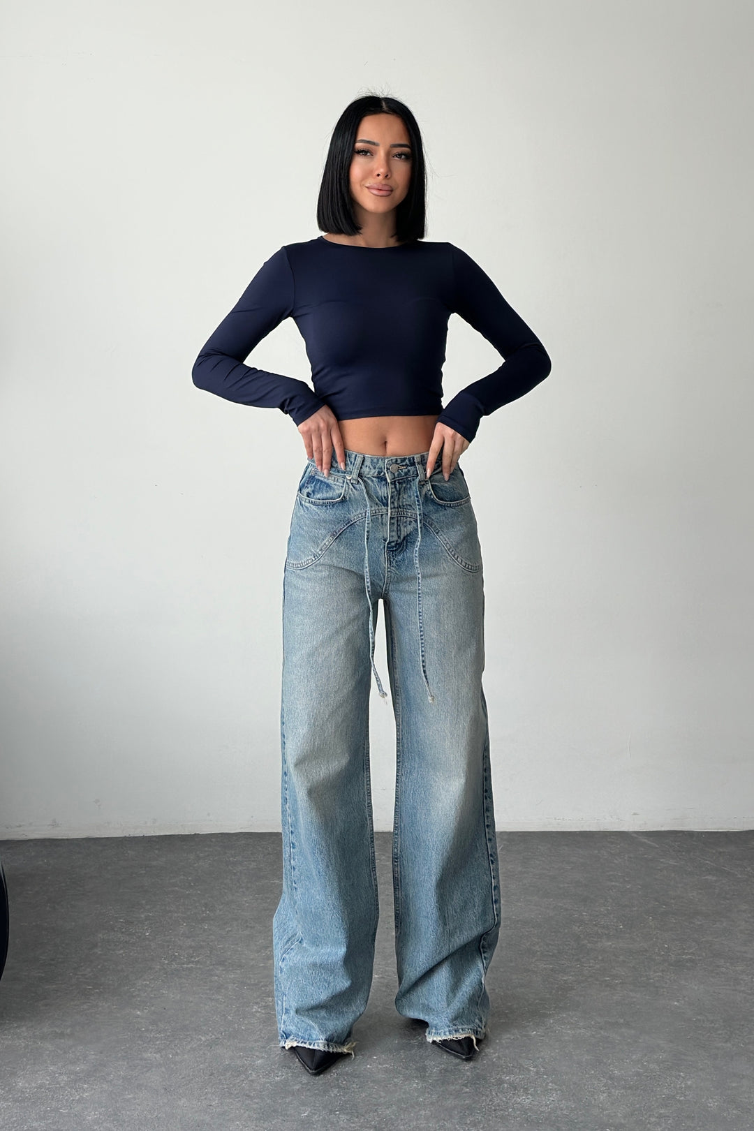 Routines Drawstring Detail Jeans - Mid Blue 3743 Jeans Routines Fashion