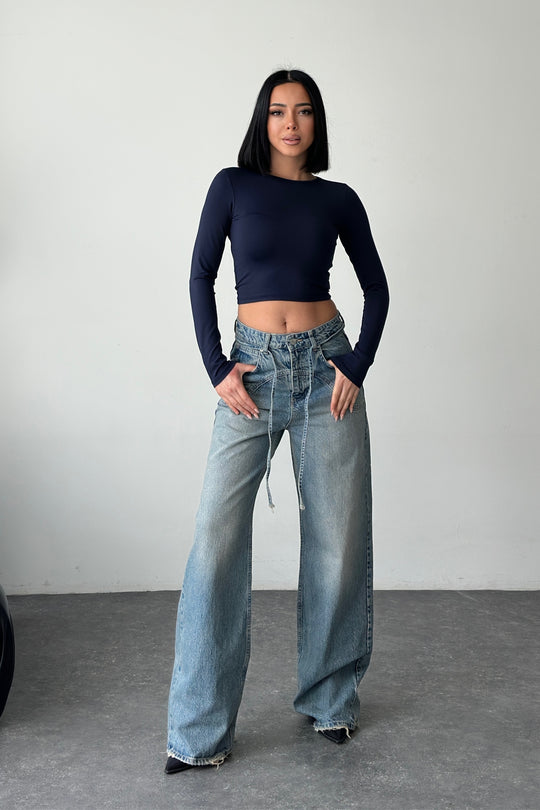 Routines Drawstring Detail Jeans - Mid Blue 3743 Jeans Routines Fashion