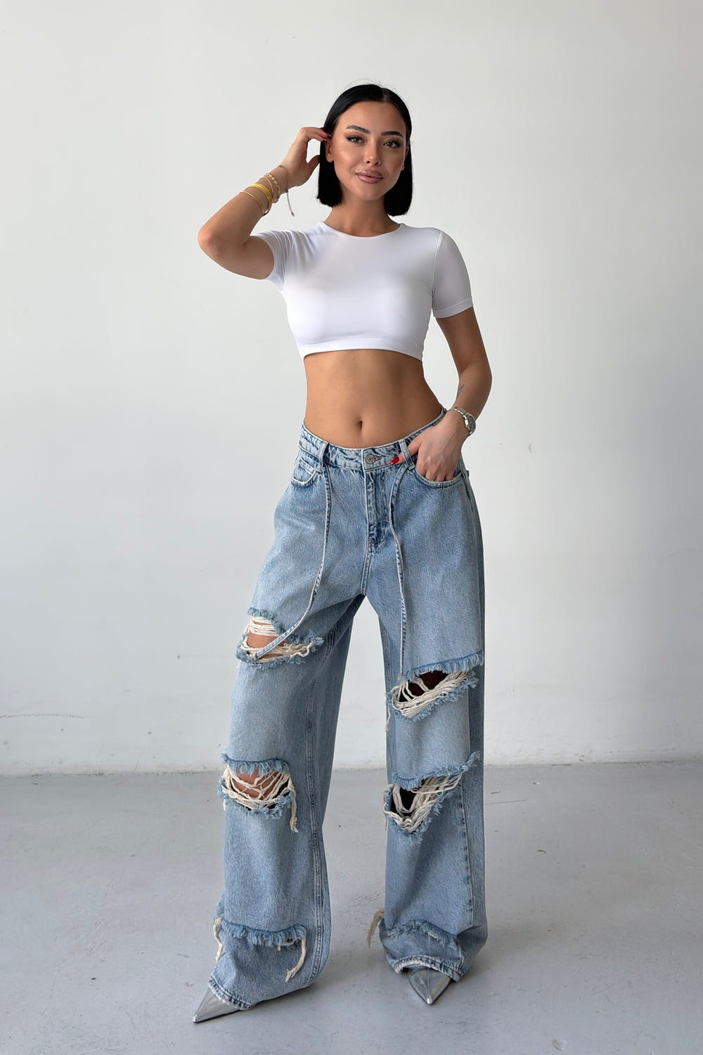Routines Drawstring Ripped Baggy Jeans 2586 - ROUTINES