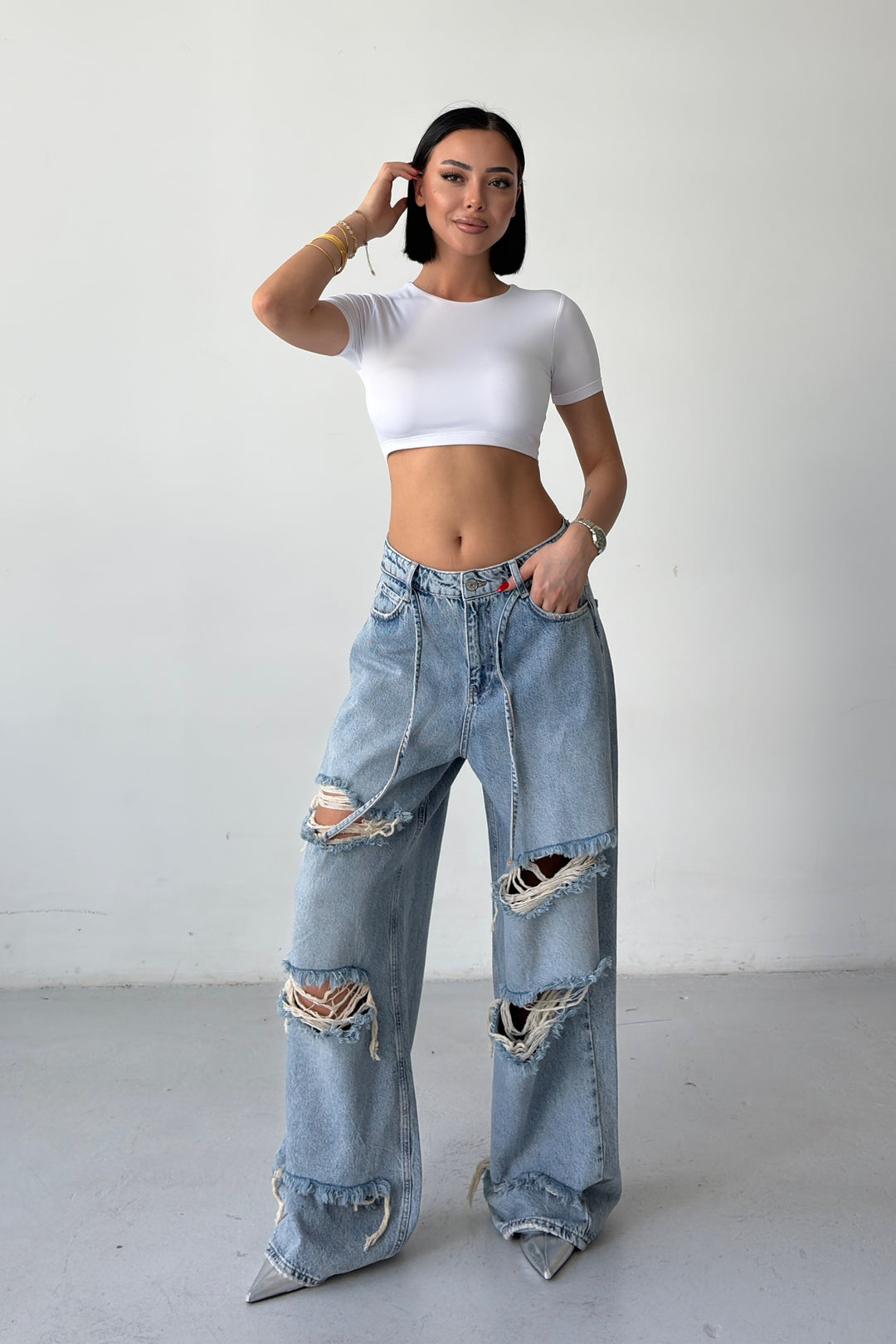 Routines Drawstring Ripped Baggy Jeans 2586 - ROUTINES