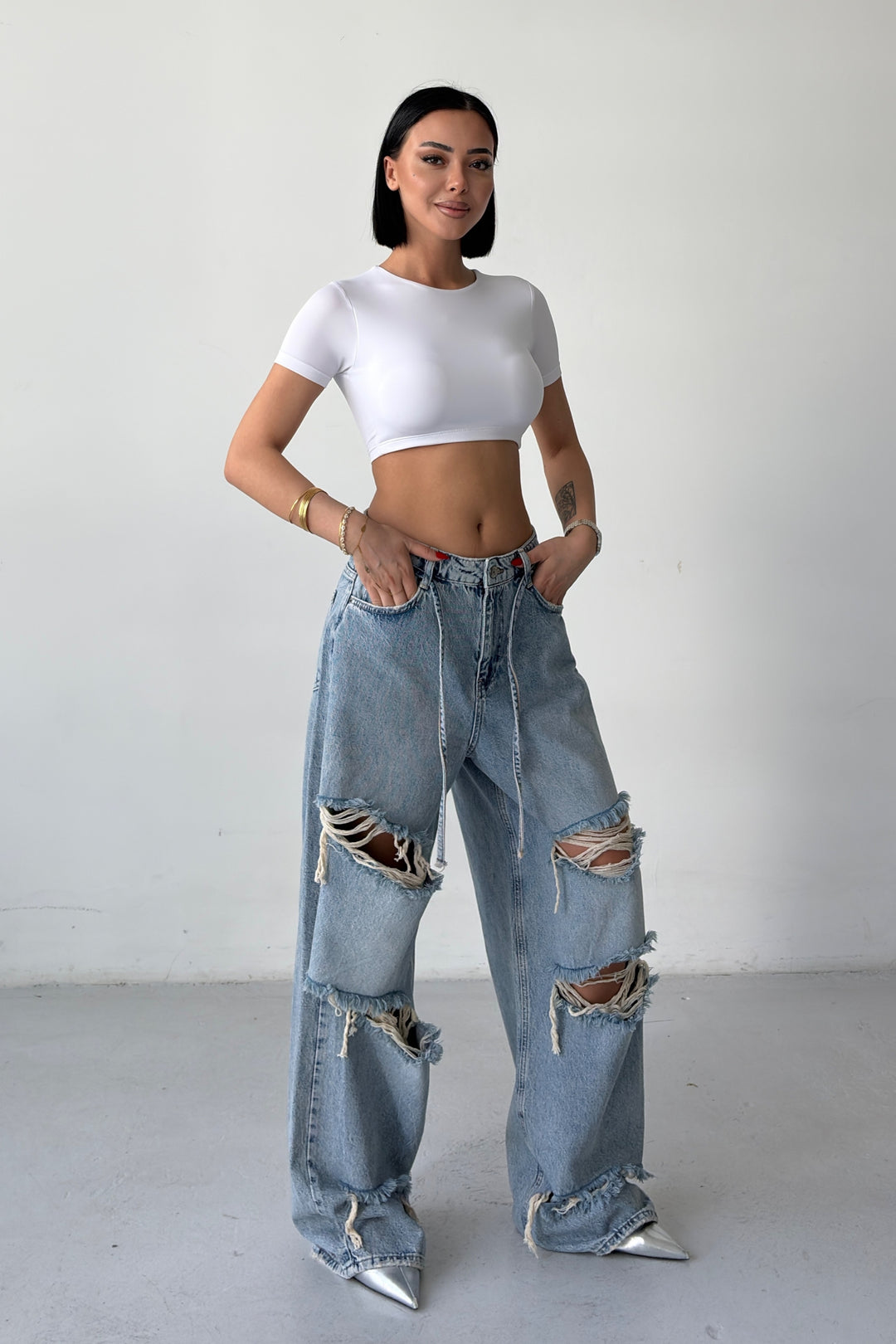 Routines Drawstring Ripped Baggy Jeans 2586 - ROUTINES