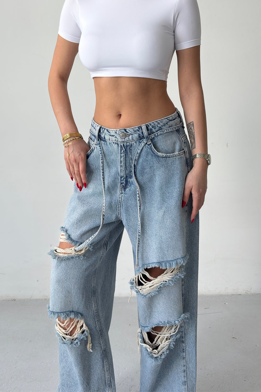 Routines Drawstring Ripped Baggy Jeans 2586 - ROUTINES