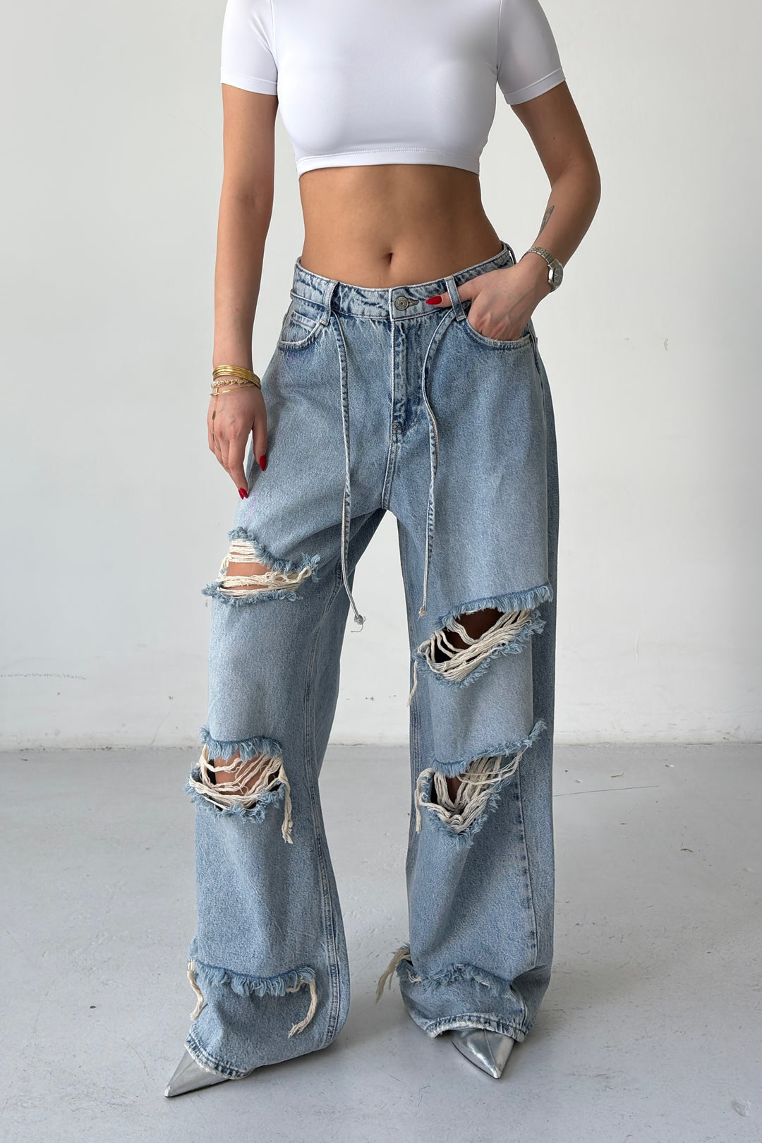 Routines Drawstring Ripped Baggy Jeans 2586 - ROUTINES