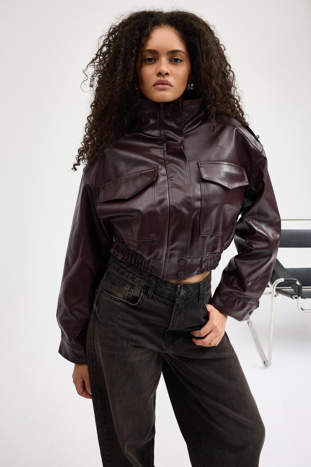 Routines Faux Leather Bomber Jacket - Burgundy 0609 Jacket Routines Fashion