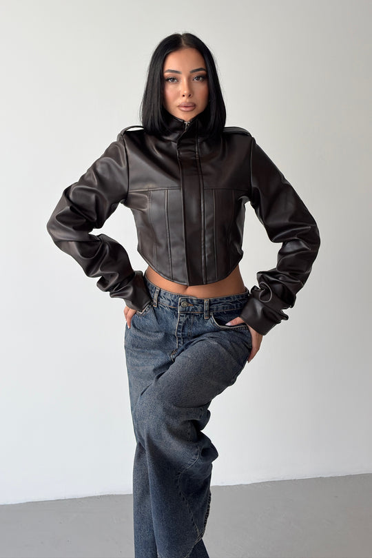 Routines Faux Leather Corset Jacket - Brown 64