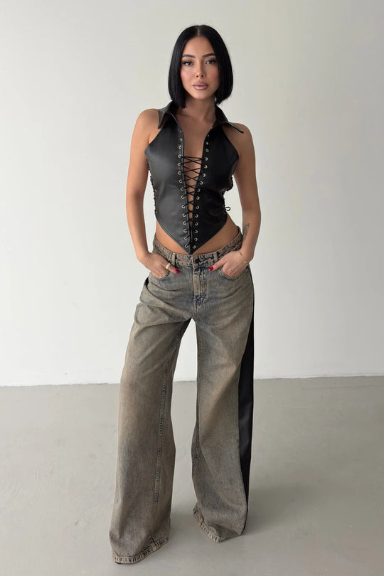 Routines Faux Leather Lace Up Corset - Black 7193 - ROUTINES