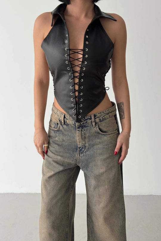 Routines Faux Leather Lace Up Corset - Black 7193 - ROUTINES