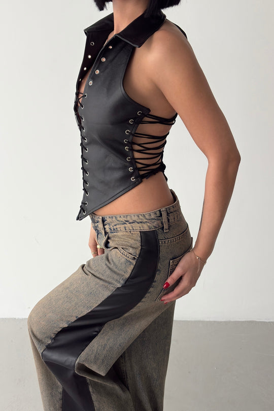 Routines Faux Leather Lace Up Corset - Black 7193 - ROUTINES
