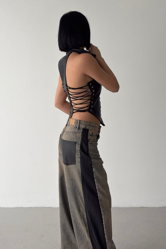 Routines Faux Leather Lace Up Corset - Black 7193 - ROUTINES