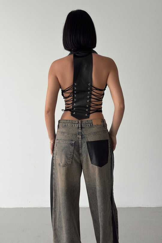 Routines Faux Leather Lace Up Corset - Black 7193 - ROUTINES
