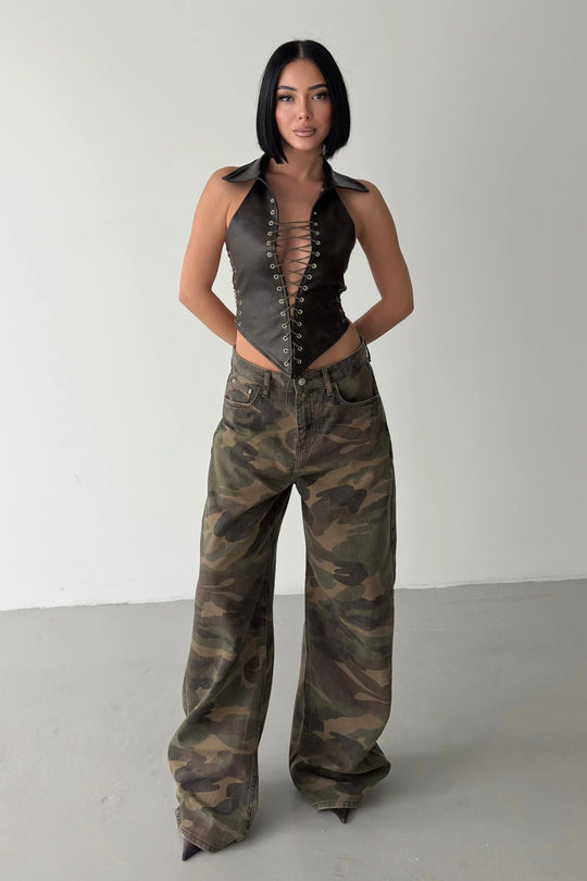 Routines Faux Leather Lace Up Corset - Dark Brown 7193 - ROUTINES