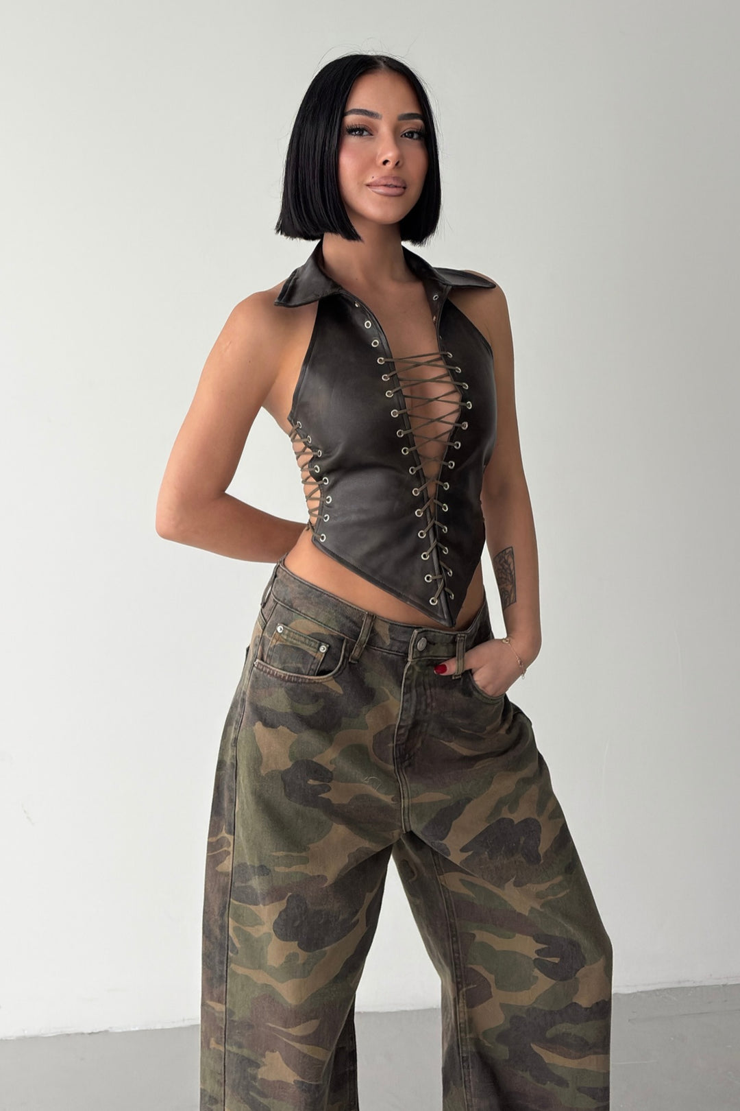 Routines Faux Leather Lace Up Corset - Dark Brown 7193 - ROUTINES