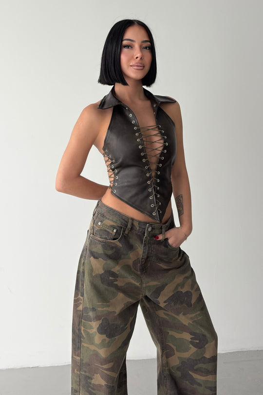 Routines Faux Leather Lace Up Corset - Dark Brown 7193 - ROUTINES