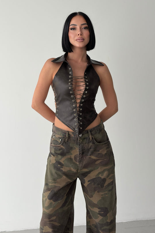 Routines Faux Leather Lace Up Corset - Dark Brown 7193 - ROUTINES