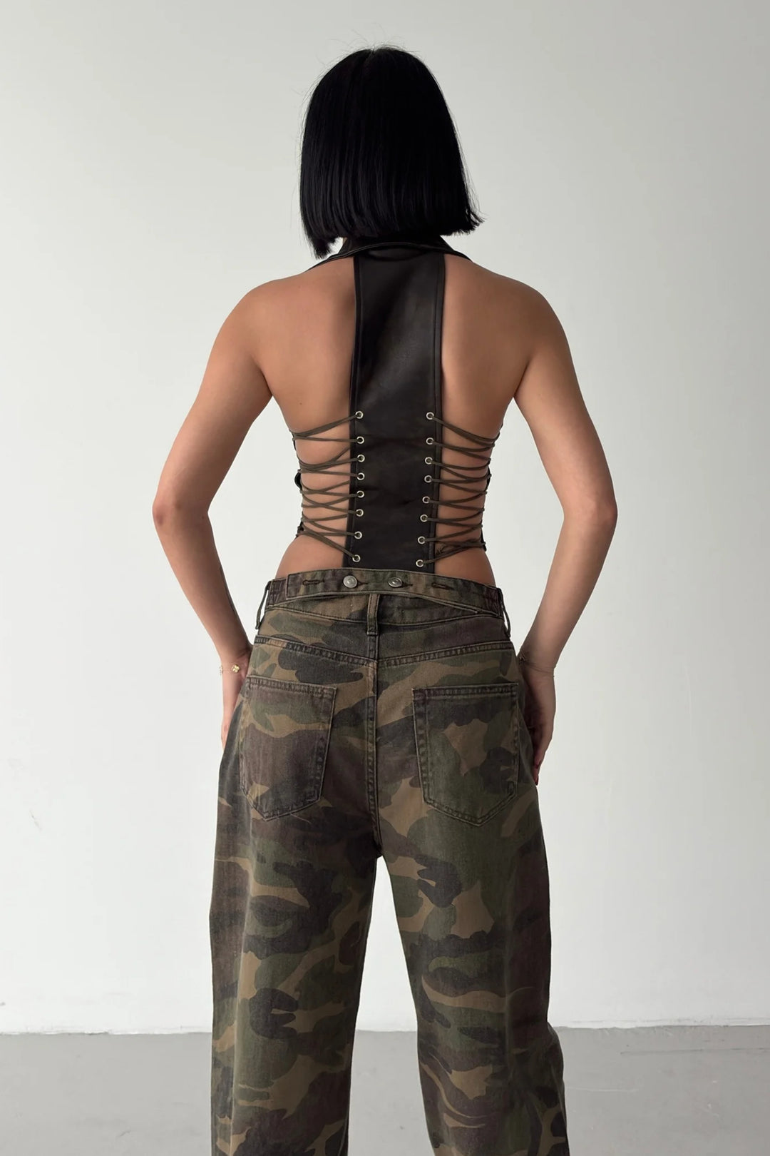 Routines Faux Leather Lace Up Corset - Dark Brown 7193 - ROUTINES