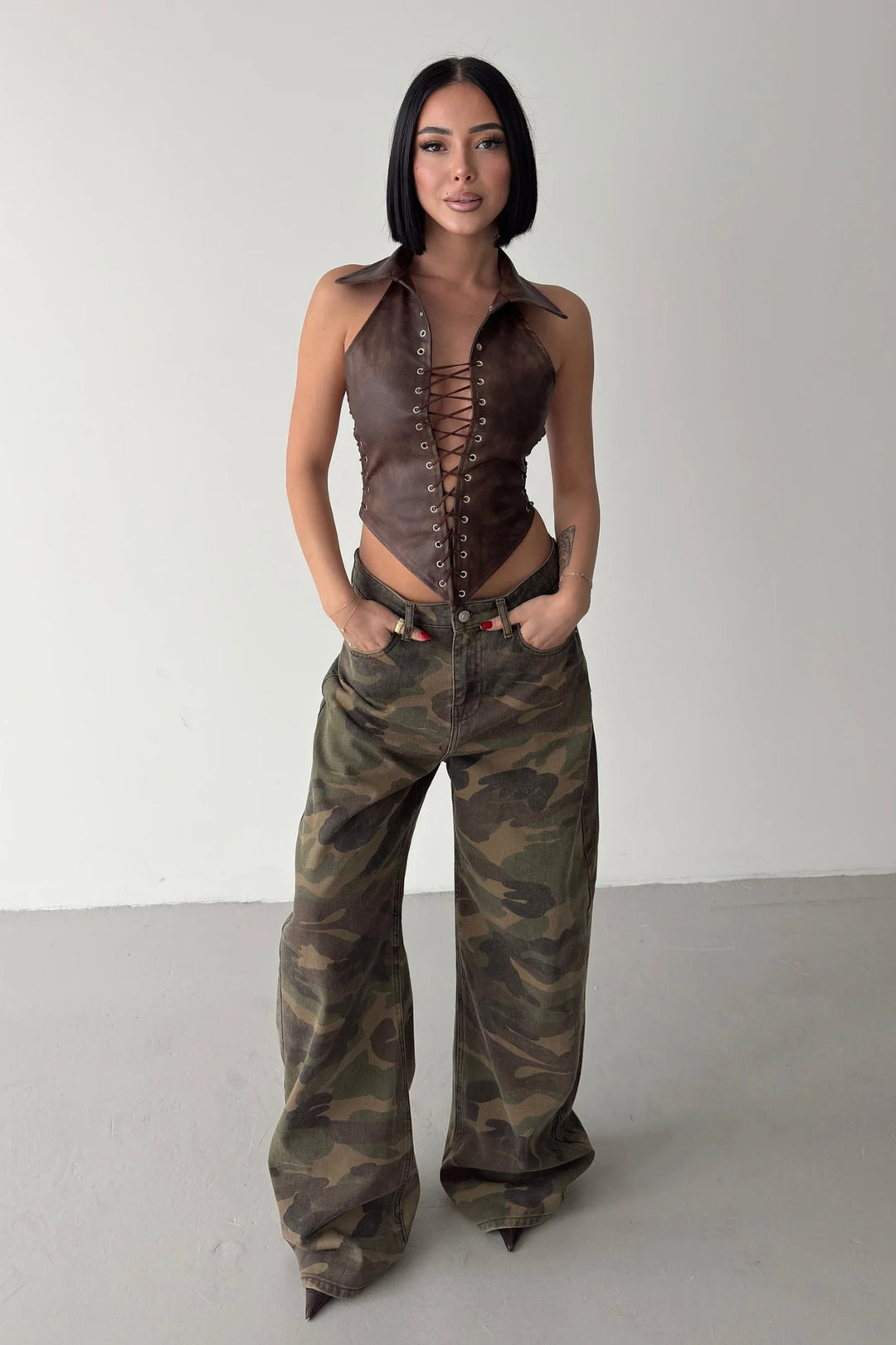 Routines Faux Leather Lace Up Corset - Vintage Brown 7193 | ROUTINES®