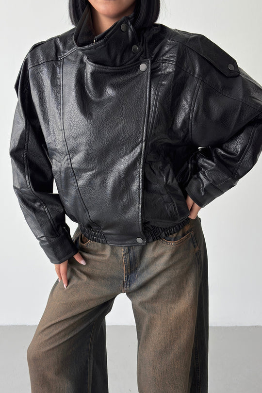 Routines Faux Leather Oversized Jacket - Black 1097