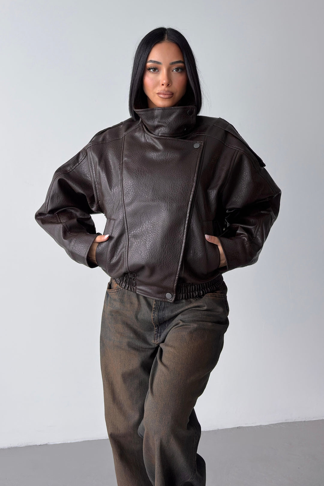 Routines Faux Leather Oversized Jacket - Choco 1097
