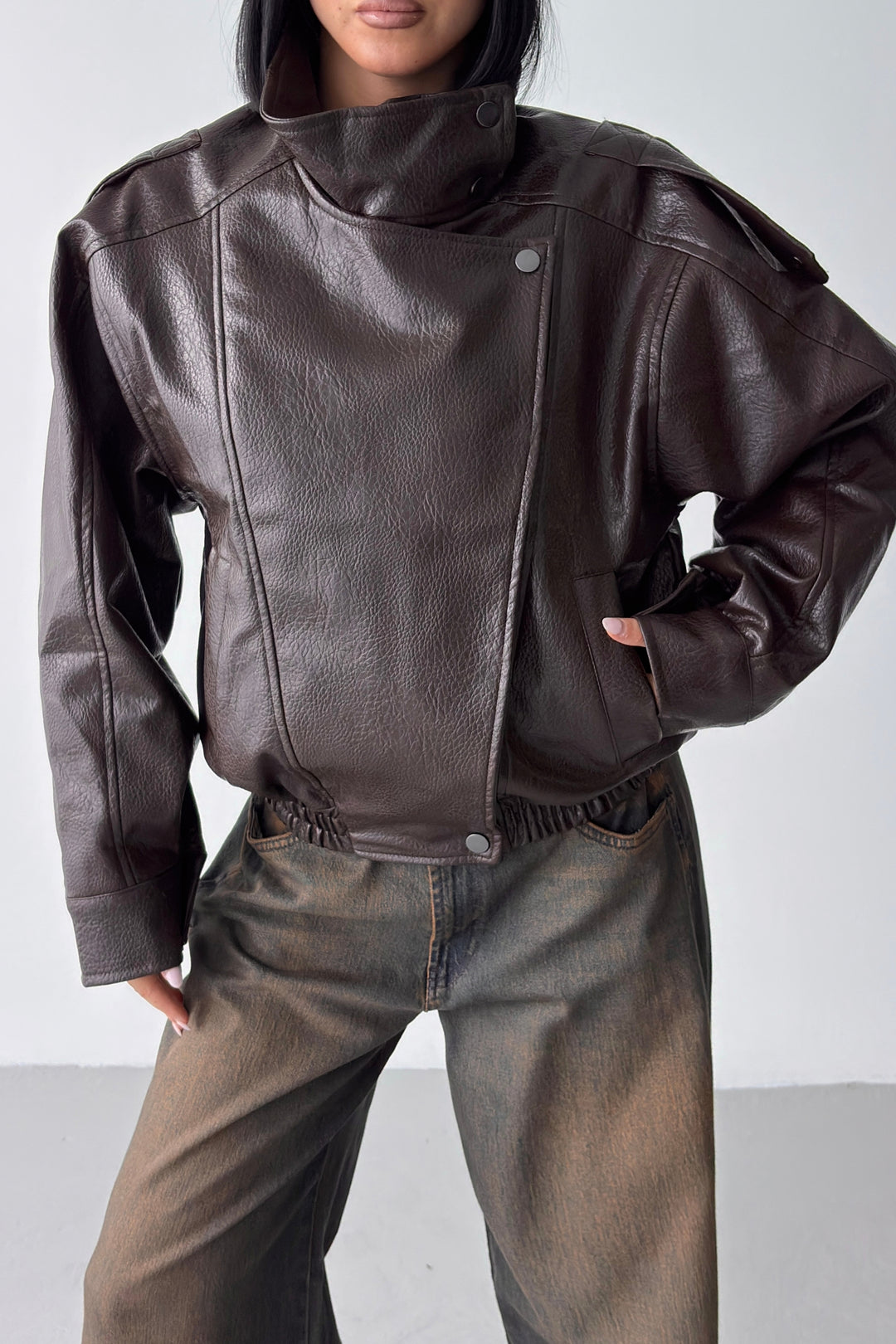Routines Faux Leather Oversized Jacket - Choco 1097