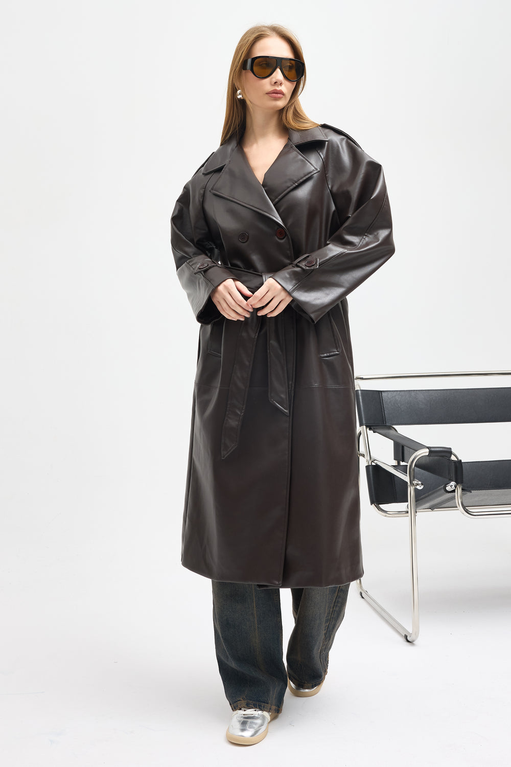 Routines Faux Leather Trench Coat - Brown 8506 Coat Routines Fashion