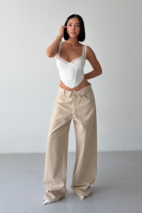 Routines Folded Waist Baggy Jeans - Beige 1480-12