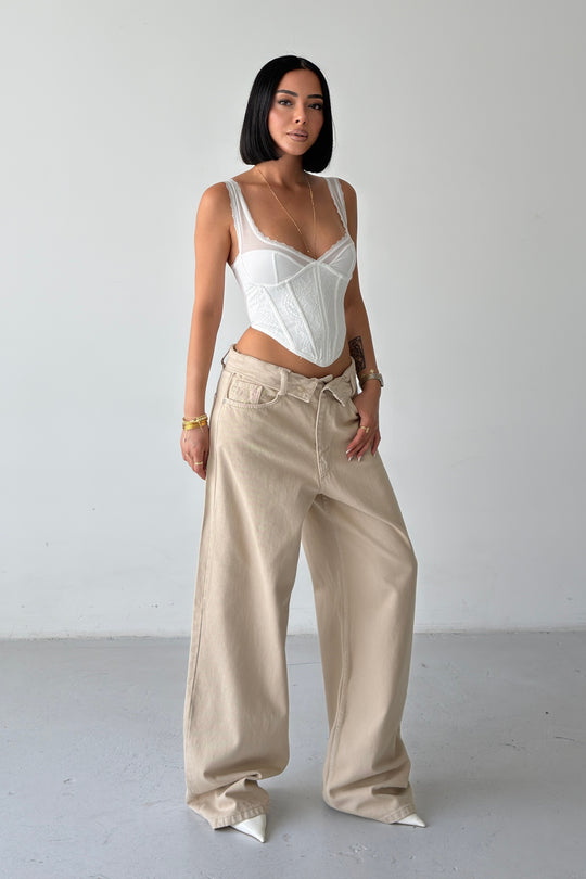 Routines Folded Waist Baggy Jeans - Beige 1480-12
