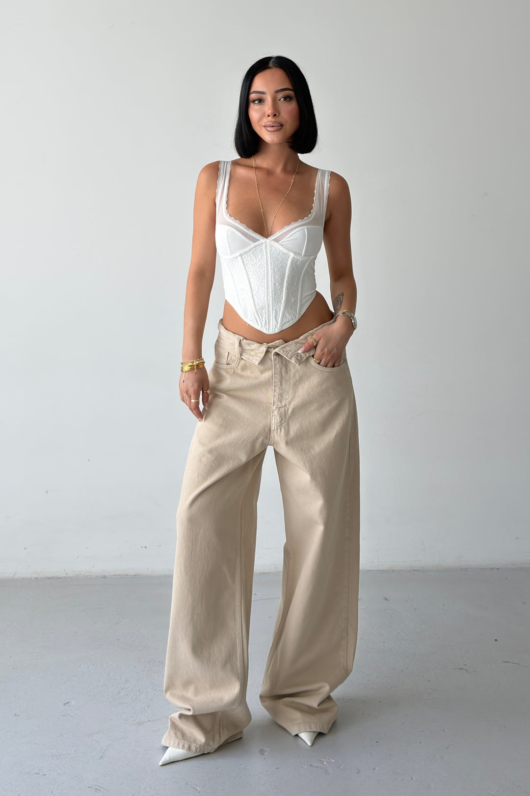 Routines Folded Waist Baggy Jeans - Beige 1480-12