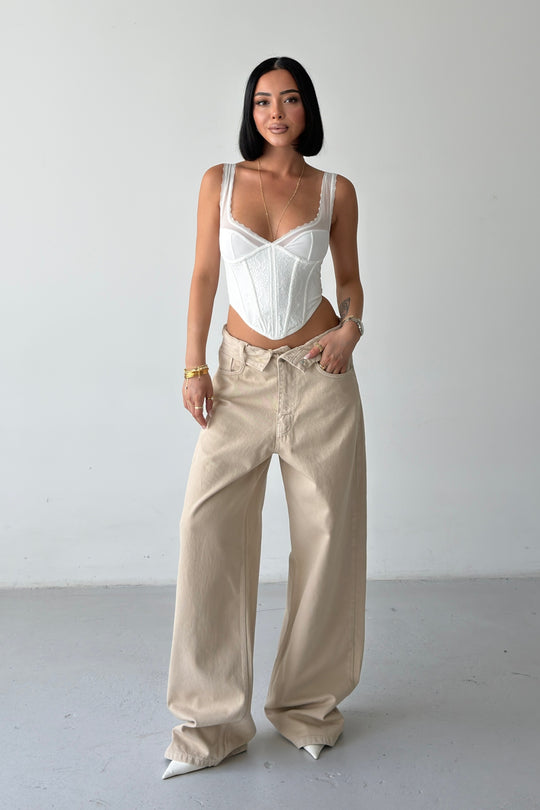 Routines Folded Waist Baggy Jeans - Beige 1480-12