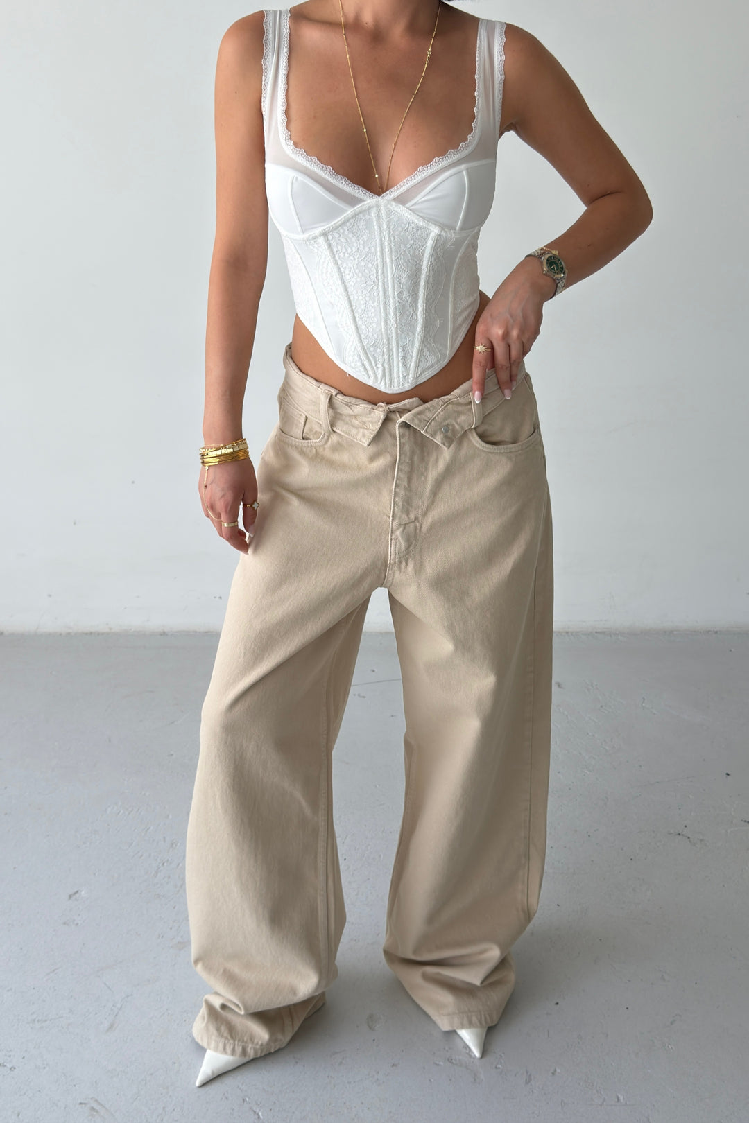 Routines Folded Waist Baggy Jeans - Beige 1480-12
