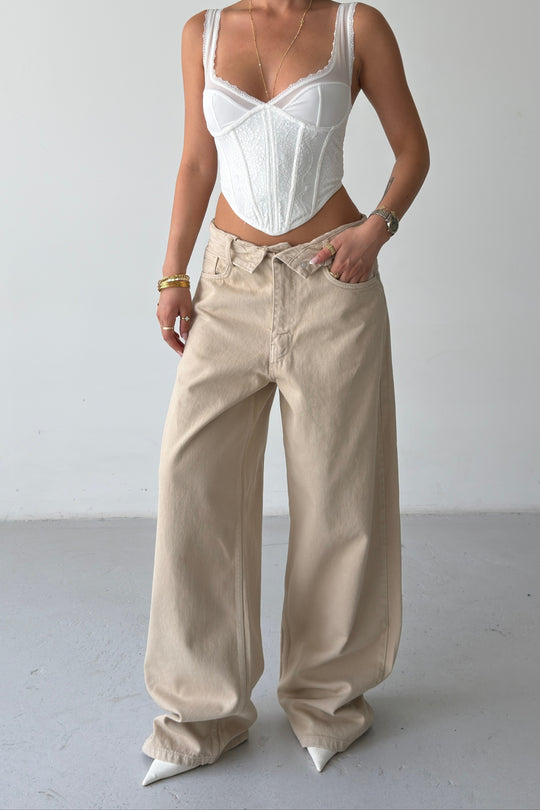 Routines Folded Waist Baggy Jeans - Beige 1480-12