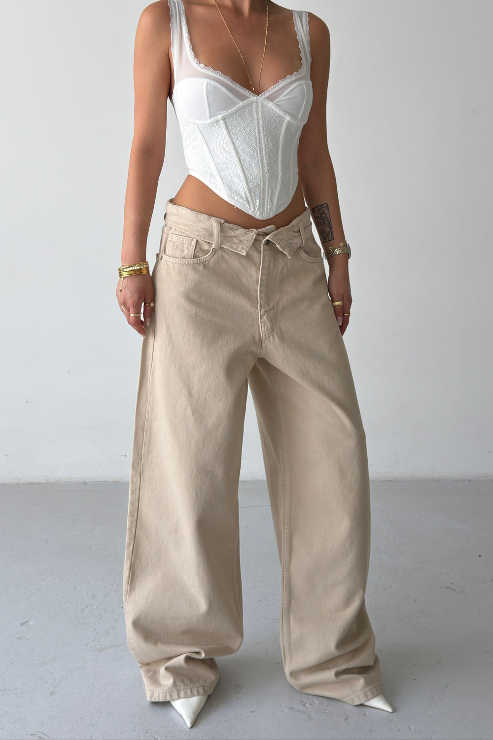 Routines Folded Waist Baggy Jeans - Beige 1480-12