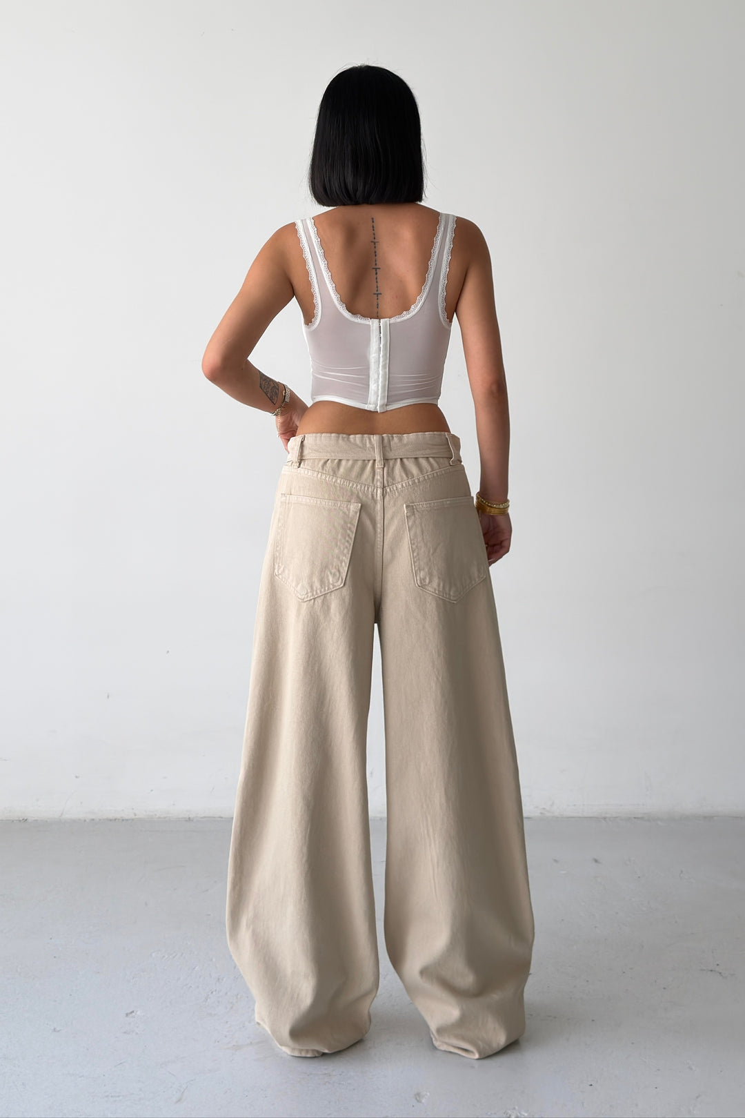 Routines Folded Waist Baggy Jeans - Beige 1480-12