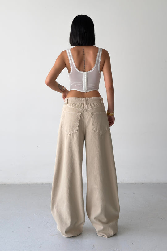 Routines Folded Waist Baggy Jeans - Beige 1480-12