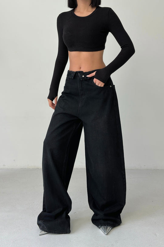 Routines Folded Waist Baggy Jeans - Black 3727 Jeans Routines Fashion