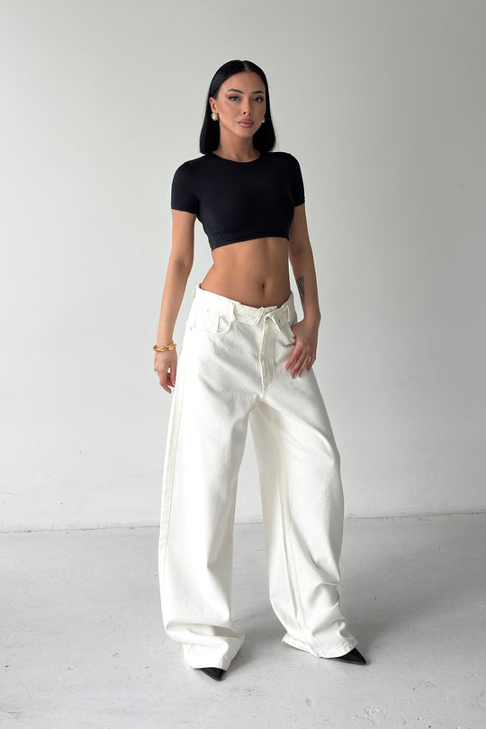 Routines Folded Waist Baggy Jeans - Cream 1480-9 - ROUTINES