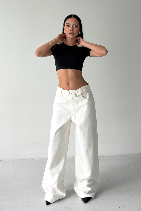 Routines Folded Waist Baggy Jeans - Cream 1480-9 - ROUTINES