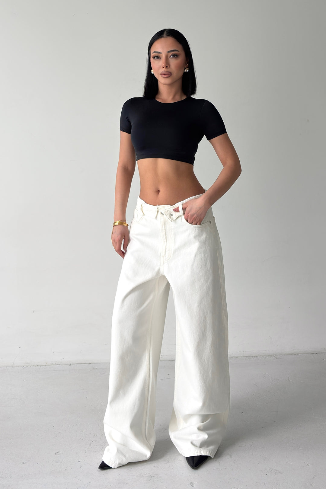 Routines Folded Waist Baggy Jeans - Cream 1480-9 - ROUTINES