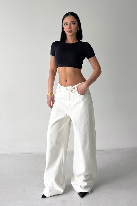 Routines Folded Waist Baggy Jeans - Cream 1480-9 - ROUTINES