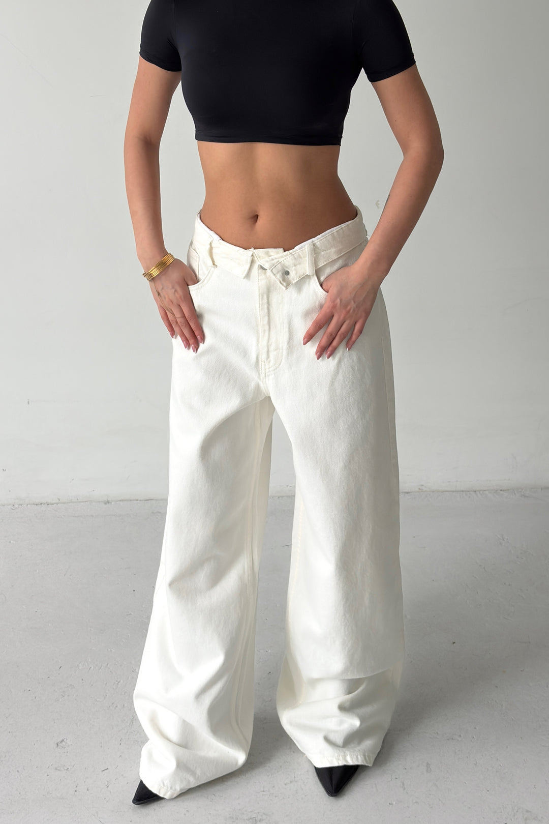 Routines Folded Waist Baggy Jeans - Cream 1480-9 - ROUTINES