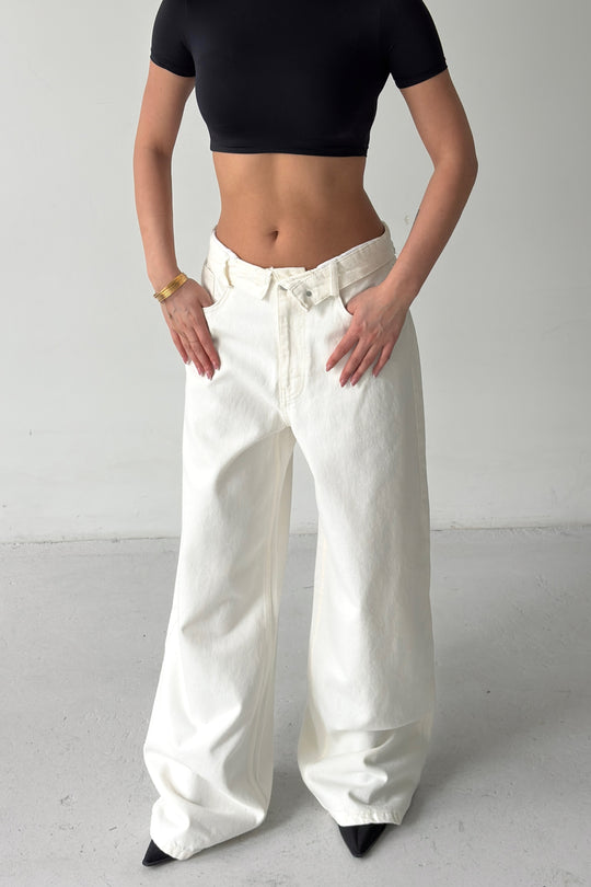 Routines Folded Waist Baggy Jeans - Cream 1480-9 - ROUTINES