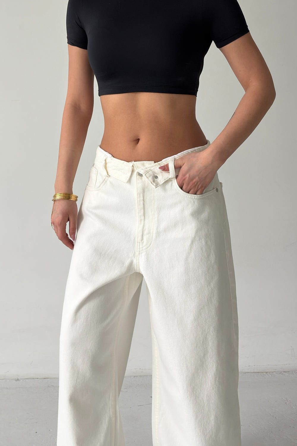 Routines Folded Waist Baggy Jeans - Cream 1480-9 - ROUTINES