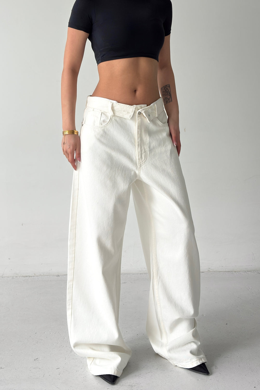 Routines Folded Waist Baggy Jeans - Cream 1480-9 - ROUTINES