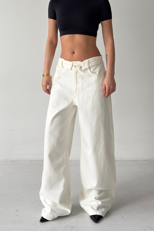 Routines Folded Waist Baggy Jeans - Cream 1480-9 - ROUTINES